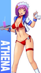 Rule 34 | 1girl, asamiya athena, bikini, blush, breasts, cameltoe, cleavage, highres, large breasts, legs, lipstick, makeup, navel, one eye closed, open clothes, open mouth, purple eyes, purple hair, red bikini, sailor collar, short hair, smile, snk, solo, swimsuit, the king of fighters, thighs, tsumitani daisuke, v, waitress, wink
