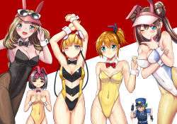 Rule 34 | 2020, 6+girls, absurdres, adjusting hair, alternate costume, angry, animal ears, armpits, arms up, asymmetrical hair, bare arms, bare legs, bare shoulders, belt, black bow, black bowtie, black hair, black leotard, blonde hair, blue eyes, blush, bow, bowtie, breast envy, breast hold, breasts, brown hair, cleavage, closed eyes, clothing cutout, covering breasts, covering privates, creatures (company), crying, cutout, double bun, elesa (pokemon), embarrassed, erika (pokemon), eye contact, eyewear on head, fake animal ears, fingerless gloves, game freak, gloves, green eyes, green hair, grey eyes, gym leader, hair between eyes, hair bun, hairband, hat, highres, jenny (pokemon), l96 (chinhauming), large breasts, legs, leotard, long hair, looking at another, looking at viewer, medium breasts, misty (pokemon), multiple girls, muscular, nintendo, one eye closed, open mouth, orange hair, pantyhose, playboy bunny, pokemon, pokemon (anime), pokemon bw, pokemon bw2, pokemon rgby, pokemon sm (anime), pokemon xy, police, police hat, police uniform, policewoman, ponytail, rabbit ears, red background, red bow, red bowtie, rosa (pokemon), running, serena (pokemon), short hair, side ponytail, simple background, small breasts, smile, standing, strapless, strapless leotard, stretching, sunglasses, sunglasses on head, tears, teeth, thigh gap, thighs, twintails, underboob, underboob cutout, uniform, visor cap, white background, white bow, white bowtie, white leotard, wide hips, wrist cuffs, yellow leotard