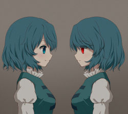 Rule 34 | 1girl, arinu, blue eyes, blue hair, closed mouth, facing another, from side, gradient background, grey background, heterochromia, highres, juliet sleeves, long sleeves, multiple views, puffy sleeves, red eyes, short hair, smile, tatara kogasa, touhou, upper body