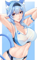 Rule 34 | 1girl, absurdres, alternate costume, animal ear fluff, animal ears, arm strap, armpits, arms up, black hairband, blue background, blue hair, breasts, cat ears, cat tail, cleavage, closed mouth, collarbone, eula (genshin impact), genshin impact, hairband, highres, large breasts, lips, medium hair, midriff, navel, noise paper, simple background, solo, sports bra, sweat, tail, yellow eyes