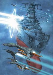 Rule 34 | aircraft, airplane, anchor, battle, cloud, cloudy sky, contrail, cosmo falcon, energy beam, energy cannon, energy weapon, fighter jet, firing, flying, highres, jet, kobayashi makoto (illustrator), laser, machinery, military, military vehicle, no humans, outdoors, science fiction, ship, sky, spacecraft, starfighter, translation request, turret, uchuu senkan yamato, warship, watercraft