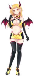 Rule 34 | 1girl, bare shoulders, black footwear, black skirt, black thighhighs, blonde hair, breasts, cleavage, cleavage cutout, clothing cutout, demon girl, demon horns, demon wings, detached collar, devi (master of eternity), earrings, full body, hand up, head tilt, highleg, highleg panties, highres, horns, jewelry, large breasts, long hair, looking at viewer, master of eternity, miniskirt, navel, official art, open mouth, orange eyes, panties, pointy ears, purple horns, purple panties, shoes, skirt, skull earrings, solo, stomach, tachi-e, thighhighs, third-party source, transparent background, two-tone footwear, two-tone skirt, underwear, wings, yellow footwear, yellow skirt