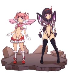 Rule 34 | 2girls, adapted costume, akemi homura, argyle, argyle clothes, argyle legwear, artist name, black hair, breasts, brooch, caffeccino, clenched hands, commentary, cosplay, full body, gloves, hair ribbon, jewelry, kamui (kill la kill), kaname madoka, kill la kill, kneehighs, long hair, looking at another, looking at viewer, mahou shoujo madoka magica, mahou shoujo madoka magica (anime), midriff, multicolored hair, multiple girls, navel, outline, parody, pink eyes, pink hair, purple eyes, revealing clothes, ribbon, short twintails, small breasts, socks, soul gem, standing, stomach, thong, transparent background, twintails, two-tone hair, underboob, wavy mouth, white hair