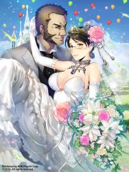 Rule 34 | 00s, 1boy, 1girl, balloon, bare shoulders, black hair, blush, bouquet, breasts, bridal veil, bride, brown eyes, brown hair, carrying, church, cleavage, collared shirt, couple, dress, earrings, elbow gloves, eleanor varrot, field, flower, formal, glasses, gloves, grass, green eyes, groom, hair flower, hair ornament, huge breasts, husband and wife, jewelry, largo potter, lipstick, looking at another, looking at viewer, makeup, manly, momose hisashi, necklace, necktie, princess carry, scar, scar on face, scar on nose, senjou no valkyria (series), senjou no valkyria 1, shirt, short hair, sideburns, suit, veil, watermark, wedding, wedding dress