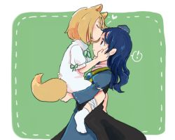 Rule 34 | !, 2girls, animal ears, bandaged leg, bandages, black cape, blonde hair, blue dress, blue hair, blue headwear, border, cape, carrying, commentary, dress, closed eyes, kissing forehead, fox ears, fox tail, from side, green background, hand on another&#039;s cheek, hand on another&#039;s face, hat, heart, iizunamaru megumu, jumpsuit, kiss, kissing forehead, kudamaki tsukasa, long hair, multiple girls, pointy ears, red eyes, rome35793562, socks, spoken exclamation mark, symbol-only commentary, tail, tokin hat, touhou, white border, white jumpsuit, white legwear