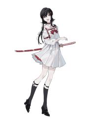 Rule 34 | 1girl, bad id, bad pixiv id, black footwear, black hair, black socks, bow, collar, hair between eyes, hair ornament, high heels, highres, holding, holding sword, holding weapon, katana, long hair, naomasap, open mouth, original, red bow, red collar, red eyes, red nose, scabbard, school uniform, serafuku, sheath, simple background, skirt, smile, socks, solo, standing, sword, teeth, uniform, upper teeth only, weapon, white background, white skirt
