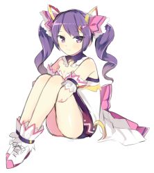 Rule 34 | 1girl, aisha landar, bad id, bad pixiv id, bare shoulders, blush, bomu, bow, dimension witch (elsword), elsword, hair ornament, hairclip, hugging own legs, long hair, purple eyes, purple hair, sitting, skirt, smile, solo, twintails, white background
