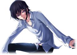 Rule 34 | 1boy, arm on knee, arm support, artist request, black hair, black pants, book, buttons, closed mouth, code geass, code geass: lost stories, collarbone, collared shirt, dutch angle, game cg, hair between eyes, half-closed eyes, happy, holding, holding book, knee up, leaning to the side, lelouch vi britannia, long sleeves, looking at viewer, male focus, non-web source, official art, pants, pectoral cleavage, pectorals, purple eyes, shirt, short hair, sidelocks, simple background, sitting, smile, solo, transparent background, white shirt