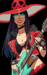 Rule 34 | 1girl, alternate hair length, alternate hairstyle, black choker, black gloves, black hair, breasts, choker, cleavage, electric guitar, fingerless gloves, francisco mon, gloves, green-tinted eyewear, guilty gear, guilty gear strive, guitar, hat, highres, i-no, instrument, large breasts, long hair, looking at viewer, mole, mole above mouth, red headwear, red leather, red lips, short sleeves, smile, tinted eyewear, venus symbol, witch hat