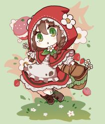 Rule 34 | 1girl, absurdres, brown footwear, chibi, dress, field, flower, grass, hair flower, hair ornament, highres, little red riding hood, little red riding hood (grimm), on grass, open mouth, red dress, red hood, ribbon, u inu udon, wolf