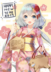 Rule 34 | 10s, 1girl, 2019, :d, absurdres, animal bag, bag, blue eyes, blush, commentary request, ema, floral print, flower, hair between eyes, hair flower, hair ornament, happy new year, hard-translated, highres, holding, holding bag, holmemee, japanese clothes, kimono, konno junko, long hair, looking at viewer, low twintails, nengajou, new year, obi, open mouth, pink flower, pink kimono, print kimono, purple flower, red flower, sash, silver hair, smile, solo, thick eyebrows, third-party edit, translated, twintails, very long hair, zombie land saga