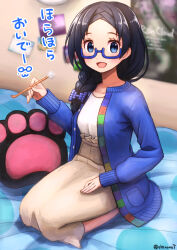 1girl :d black_hair blue-framed_eyewear blue_eyes blue_jacket blurry blurry_background blush braid braided_ponytail breasts brown_skirt collarbone commentary_request cushion gems_company glasses hair_ornament hair_over_shoulder hand_on_own_thigh hand_up highres holding jacket lap_pillow_invitation long_hair long_skirt long_sleeves looking_at_viewer looking_to_the_side medium_breasts mimikaki mole mole_under_eye open_clothes open_jacket open_mouth otowa_shizuku parted_bangs raised_eyebrows seiza semi-rimless_eyewear shirono shirt shirt_tucked_in single_braid sitting skirt smile solo thick_eyelashes three_quarter_view translation_request turning_head twitter_username under-rim_eyewear virtual_youtuber white_shirt