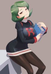 Rule 34 | 1girl, absurdres, banka (pixiv21424331), black dress, blush, breasts, brown pantyhose, closed mouth, commentary request, commission, creatures (company), dress, eyelashes, game freak, green hair, highres, holding, long sleeves, looking down, nintendo, pantyhose, pink lips, pixiv commission, pokemon, pokemon (anime), pokemon (classic anime), pokemon ep231, red eyes, shiny clothes, short dress, short hair, sitting, smile, solo, table, team rocket, turtleneck, wendy (pokemon)
