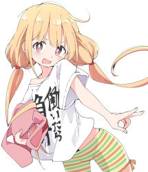 Rule 34 | 1girl, blonde hair, blush, clothes writing, futaba anzu, holding, holding stuffed toy, idolmaster, idolmaster cinderella girls, ixy, long hair, low twintails, open mouth, red eyes, shirt, short sleeves, shorts, simple background, solo, striped clothes, striped shorts, stuffed animal, stuffed rabbit, stuffed toy, t-shirt, twintails, white background, white shirt, you work you lose