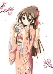 Rule 34 | ball, blush, brown hair, cherry blossoms, japanese clothes, kimono, long hair, ribbon, solo