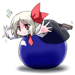 Rule 34 | 1girl, :&gt;, balancing, ball, blonde hair, dress, embodiment of scarlet devil, female focus, hair ribbon, kugelschreiber, necktie, outstretched arms, red eyes, red necktie, ribbon, rumia, short hair, simple background, smile, solo, spread arms, touhou
