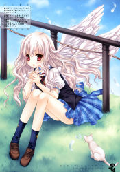 Rule 34 | 1girl, absurdres, angel, cat, grass, highres, musical note, quaver, red eyes, school uniform, solo, white hair, wings, wnb mark