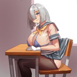 Rule 34 | 1girl, areola slip, black pantyhose, blue bra, blue eyes, bra, bra visible through clothes, breast rest, breasts, chair, clothes pull, covered erect nipples, desk, from side, gloves, grey hair, grey skirt, hair ornament, hair over one eye, hairclip, hamakaze (kancolle), highres, huge breasts, kantai collection, looking at viewer, micro bra, miniskirt, neckerchief, on chair, pantyhose, pantyhose pull, pleated skirt, school chair, school desk, school uniform, see-through, serafuku, short hair, short sleeves, simplecar, sitting, skirt, smile, solo, thick thighs, thighs, underwear, white gloves, yellow neckerchief