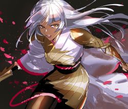 Rule 34 | 1girl, armor, black background, blood, blood splatter, feet out of frame, floating hair, grey hair, grey kimono, highres, holding, holding sword, holding weapon, japanese clothes, kimono, long hair, magic: the gathering, open hand, parted lips, sketch, solo, standing, sword, the wanderer (mtg), thundergotch, v-shaped eyebrows, weapon, yellow eyes
