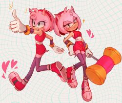 Rule 34 | 1girl, amy rose, animal ears, artist request, dress, furry, furry female, green eyes, hammer, hedgehog, hedgehog ears, hedgehog girl, hedgehog tail, highres, holding, holding hammer, holding weapon, pink fur, pointing, red dress, red footwear, sonic (series), sonic boom (series), tail, thighhighs, weapon