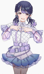 Rule 34 | 1girl, absurdres, belt, black hair, braid, brbrbrbr4, commentary request, fang, finger heart, fukumaru koito, highres, idolmaster, idolmaster shiny colors, looking at viewer, low twintails, miniskirt, nail polish, purple eyes, purple nails, see-through, see-through sleeves, skin fang, skirt, solo, twintails, white background