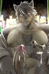 Rule 34 | 1boy, abs, bara, beard, blush, chest hair, city lights, commentary request, erection, facial hair, furry, furry male, glasses, goatee, green curtains, highres, looking at viewer, male focus, mitsuhisa aotsuki, morenatsu, muscular, muscular male, night, partially undressed, pectorals, precum, rain, run aki, seductive smile, shirt, smile, sweat, white shirt, window