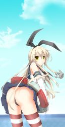 Rule 34 | 10s, 1girl, anchor hair ornament, ass, bad id, bad pixiv id, bent over, black panties, blonde hair, blue sky, cloud, day, elbow gloves, gloves, hair ornament, hair ribbon, highres, innertube, kantai collection, looking at viewer, looking back, midriff, ocean, panties, pantyshot, ribbon, shimakaze (kancolle), shirt, shouyan, skirt, sky, solo, striped clothes, striped thighhighs, swim ring, thighhighs, thong, underwear, upskirt, water, white gloves, yellow eyes