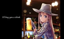 Rule 34 | 1girl, alcohol, anchor symbol, beer, beer mug, blue shirt, closed mouth, cowboy hat, cup, earrings, english text, fish.boy, from side, gloves, grey hat, hair between eyes, hands up, hat, hat belt, highres, holding, holding cup, indoors, jacket, jewelry, lights, long hair, looking at viewer, mug, open clothes, open jacket, purple eyes, purple gloves, purple hair, purple jacket, shirt, shoulder spikes, smile, solo, spikes, star (symbol), star earrings, tavern, turning head, tuscaloosa (warship girls r), warship girls r