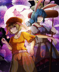 Rule 34 | 2girls, animal ears, azumi-kun, blonde hair, blue hair, cherry blossoms, crop top, dress, earclip, flat cap, floppy ears, floral background, food, full moon, hand up, hat, kine, layered dress, light smile, looking at viewer, mallet, midriff, mochi, moon, multiple girls, navel, orange shirt, ponytail, puffy short sleeves, puffy sleeves, rabbit ears, red eyes, ringo (touhou), seiran (touhou), shirt, short hair, short sleeves, shorts, skewer, striped clothes, striped shorts, toothpick, touhou, wagashi