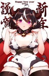 Rule 34 | 1girl, 2021, absurdres, animal ears, animal print, bare shoulders, bell, bikini, black hair, blush, breasts, cape, capelet, china dress, chinese clothes, choumi wuti (xueye fanmang zhong), cow horns, cow print, dress, fur-trimmed capelet, fur trim, giggling, happy new year, streaked hair, highres, horns, large breasts, looking at viewer, medium hair, multicolored hair, new year, original, pointy ears, print bikini, purple eyes, solo, swimsuit, thighhighs, thighs