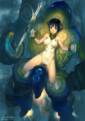 Rule 34 | 1girl, ariverkao, black hair, blue eyes, bracelet, breasts, china dress, chinese clothes, dress, full body, gluteal fold, headgear, jewelry, large breasts, mecha, original, robot, science fiction, short hair, signature, skin tight, solo, spread legs