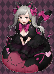 Rule 34 | 1girl, animal ears, argyle, argyle clothes, argyle legwear, between legs, black cat d.va, black dress, black gloves, blonde hair, bow, bowtie, breasts, brown eyes, cat ears, checkered background, cleavage, d.va (overwatch), dress, earrings, fang, frilled dress, frills, full body, gloves, hair bow, hand between legs, heart, heart earrings, highres, jewelry, kalua, lolita fashion, looking at viewer, medium breasts, official alternate costume, open mouth, outline, overwatch, overwatch 1, pantyhose, pillow, pink bow, puffy sleeves, purple background, short sleeves, sitting, skirt, smile, solo, twintails, wariza