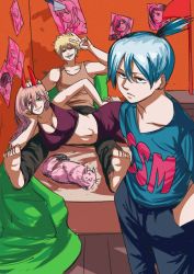 Rule 34 | 3boys, 5girls, bare arms, bare shoulders, bare stomach, barefoot, bed, black pants, blank stare, blanket, blonde hair, blue eyes, blue hair, blue pants, blue shirt, bra, brown shirt, cat, chainsaw man, collarbone, copyright name, denim, denji (chainsaw man), earrings, fang, fangs, green blanket, grin, hair between eyes, hand on another&#039;s head, hands in pockets, hayakawa aki, higashiyama kobeni, high ponytail, highres, himeno (chainsaw man), horns, jeans, jewelry, long hair, looking at viewer, lying, lying on person, makima (chainsaw man), medium hair, meowy (chainsaw man), multiple boys, multiple girls, onesie, pants, photo (object), piercing, pink cat, pink hair, power (chainsaw man), red bra, red eyes, reze (chainsaw man), sharp teeth, shirt, short hair, short ponytail, short sleeves, shueisha, sleeveless, smile, smirk, sports bra, stomach, t-shirt, tank top, teeth, tina fate, underwear, unusual pupils, v, wooden floor
