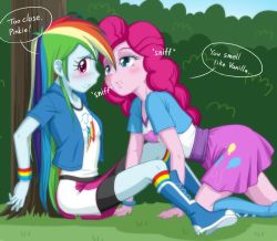 Rule 34 | 2girls, blush, english text, multiple girls, my little pony, my little pony: equestria girls, my little pony: friendship is magic, personification, pinkie pie, rainbow dash, tagme, text focus, uotapo, yuri