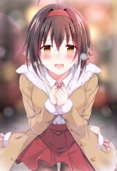 Rule 34 | 1girl, absurdres, ahoge, blurry, blurry background, blush, brown hair, clenched hands, coat, commentary request, hairband, highres, idolmaster, idolmaster cinderella girls, kohinata miho, looking at viewer, neck ribbon, open mouth, pantyhose, red hairband, red skirt, ribbon, shirt, short hair, skirt, solo, tktk135, white shirt, yellow eyes