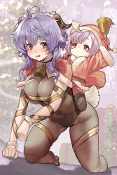 Rule 34 | 2girls, absurdres, adapted costume, ahoge, all fours, alternate costume, bell, black leotard, blue hair, blush, bodystocking, bodysuit, breasts, carrying, christmas, christmas tree, chroong, covered navel, ganyu (genshin impact), genshin impact, gloves, groin, hat, highres, horn ornament, horns, large breasts, leotard, leotard under clothes, long hair, looking at viewer, multiple girls, neck bell, open mouth, pantyhose, piggyback, pink hair, purple eyes, qiqi (genshin impact), red eyes, red gloves, ribbon, santa costume, santa hat, sidelocks, talisman