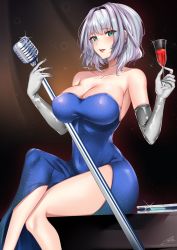 Rule 34 | 1girl, blue dress, breasts, champagne flute, cleavage, collarbone, commentary, commission, covered navel, cup, dress, drinking glass, english commentary, grey hair, highres, holding, holding cup, holding microphone, kamishiro rita, large breasts, crossed legs, looking at viewer, microphone, nyctea snow, open mouth, prism project, second-party source, short hair, signature, sitting, solo, sparkle, virtual youtuber