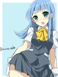 Rule 34 | 10s, 1girl, blue hair, blunt bangs, blush, bow, bowtie, contrapposto, gloves, grey skirt, hatsukaze (kancolle), kantai collection, looking at viewer, maruki (punchiki), open mouth, pleated skirt, school uniform, skirt, standing, twitter username, vest, white gloves, yellow bow