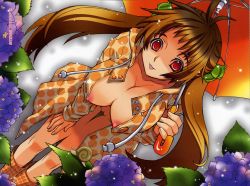 Rule 34 | 1girl, :p, breasts, brown hair, cleavage, flower, highres, hydrangea, large breasts, long hair, naked raincoat, nipples, open clothes, open shirt, pussy, rain, raincoat, red eyes, scan, shirt, snail, solo, tongue, tongue out, umbrella