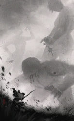 Rule 34 | 6+boys, amputee, battle, biting, bleeding, blood, cape, commentary request, dual wielding, erwin smith, field, floating cape, giant, giantess, hand up, holding, holding weapon, jumping, monochrome, multiple boys, on ground, on one knee, outdoors, qingjiu, reaching, shingeki no kyojin, size difference, solo focus, string, three-dimensional maneuver gear, titan (generic) (shingeki no kyojin), titan (shingeki no kyojin), torn cape, torn clothes, weapon