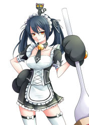 Rule 34 | 1girl, animal, animal hands, animal on head, apron, bell, black cat, black hair, cat, cat on head, collarbone, elesis (elsword), elsword, fork, gloves, highres, holding, holding weapon, kumataro, maid, maid apron, maid headdress, on head, paw gloves, smile, twintails, weapon
