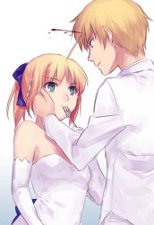 Rule 34 | 1boy, 1girl, ahoge, alternate costume, artoria pendragon (all), artoria pendragon (fate), bad id, bad pixiv id, bare shoulders, blonde hair, blood, blue eyes, dress, elbow gloves, face, fate/stay night, fate (series), feeding, fork, gilgamesh (fate), gloves, hair ribbon, hand on another&#039;s cheek, hand on another&#039;s face, long hair, ponytail, prehensile hair, red eyes, ribbon, saber (fate), short hair, stab, yone f15