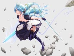 Rule 34 | 1girl, black gloves, blue dress, blue eyes, blue hair, breasts, cleavage, curvy, dress, drill hair, eyebrows hidden by hair, full body, gloves, gwen (league of legends), highres, holding, holding scissors, huge breasts, juliet sleeves, league of legends, long hair, long sleeves, medium hair, over shoulder, oversized object, puffy sleeves, scissors, single thighhigh, solo, standing, stitched neck, stitches, thick thighs, thighhighs, thighs, twin drills