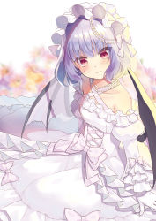 Rule 34 | 1girl, :|, alternate costume, bat wings, bead necklace, beads, beni kurage, black choker, blurry, blurry background, blush, bow, breasts, bridal veil, choker, cleavage, closed mouth, collarbone, commentary request, depth of field, dress, dress bow, fingernails, frilled hairband, frilled sleeves, frills, hairband, highres, jewelry, light purple hair, light smile, lock, long sleeves, looking at viewer, necklace, plant, pointy ears, red eyes, remilia scarlet, short hair, sidelocks, sitting, sleeves past wrists, small breasts, solo, touhou, veil, wedding dress, white bow, white dress, wings