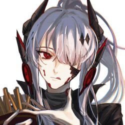 Rule 34 | 1girl, alpha (punishing: gray raven), alternate hairstyle, bandaid, bandaid on cheek, bandaid on face, black jacket, food, food on face, food on hand, french fries, grey hair, hair over one eye, headgear, headphones, highres, holding, holding food, jacket, ketchup, long hair, lucia: crimson abyss (punishing: gray raven), ponytail, punishing: gray raven, red eyes, sidelocks, solo, violessastvira, white background