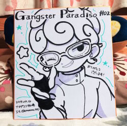 Rule 34 | 1boy, curly hair, dated, english text, fingerless gloves, ghiaccio, glasses, gloves, grin, high collar, jojo no kimyou na bouken, looking at viewer, male focus, moesaku6, one eye closed, photo (medium), smile, star (symbol), traditional media, upper body, v-shaped eyebrows, vento aureo, w