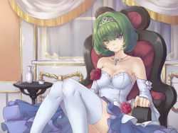 Rule 34 | 10s, 1girl, bad id, bad pixiv id, bare shoulders, blue eyes, blush, breasts, brown hair, chair, cleavage, curtains, detached sleeves, dress, female focus, flower, green eyes, green hair, heterochromia, idolmaster, idolmaster cinderella girls, jewelry, knees together feet apart, large breasts, legs, looking at viewer, matching hair/eyes, mole, mole under eye, necklace, oukawa yuu, rose, short hair, sitting, smile, solo, strapless, strapless dress, table, takagaki kaede, thighhighs, tiara, white dress, white thighhighs, window