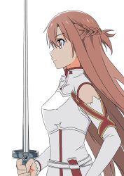 Rule 34 | 1girl, armor, asuna (sao), braid, breastplate, brown eyes, brown hair, closed mouth, commentary, detached sleeves, dress, from side, hair between eyes, highres, holding, holding sword, holding weapon, lambent light, long hair, nigime shi, rapier, solo, sword, sword art online, upper body, weapon, white background, white dress