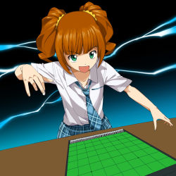 Rule 34 | 1girl, a1 (initial-g), board game, brown hair, female focus, green eyes, idolmaster, idolmaster (classic), necktie, open mouth, othello, reversi, school uniform, short hair, smile, solo, takatsuki yayoi, twintails