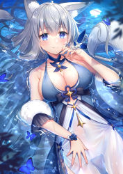 Rule 34 | 1girl, absurdres, ahoge, animal ear fluff, animal ears, armpit crease, azur lane, bare shoulders, blue butterfly, blush, breasts, bug, butterfly, center opening, chinese knot, cleavage, closed mouth, covered navel, dress, fox ears, hand up, highres, insect, large breasts, long hair, looking at viewer, lying, mole, mole under eye, multiple tails, official alternate costume, on back, partially submerged, see-through, see-through dress, shinano (azur lane), shinano (dreams of the hazy moon) (azur lane), smile, solo, tail, two-tone dress, umishima rinta, water, wet, wet clothes, wet dress, wristband
